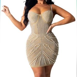 Elegant Beige Embellished Dress